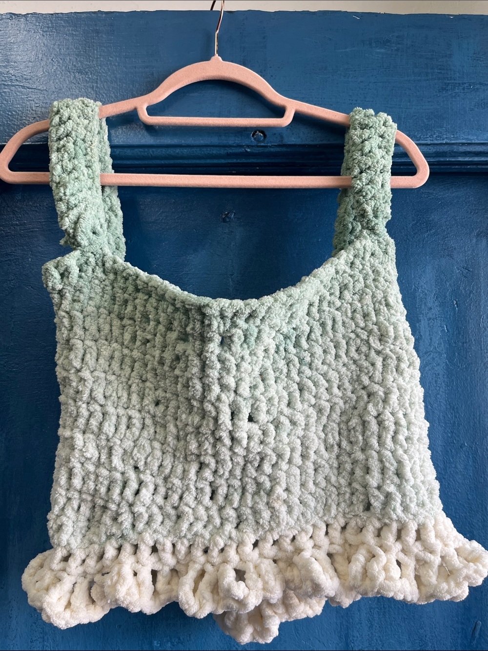 Handmade Light Sage Crochet Tank Top with Cream Ruffle